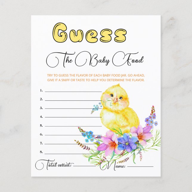 Papier Little Chick Baby shower Guess the Baby Food Card. (Devant)