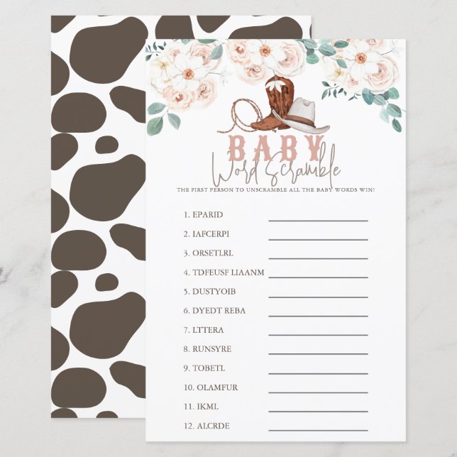 Papier Little Cowgirl Western Floral Baby Word Scramble (Devant / Derrière)