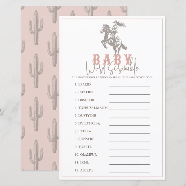 Papier Little Cowgirl Western Pink Baby Word Scramble (Devant / Derrière)