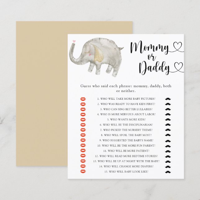 Papier Little Elephant - jeu de baby shower maman ou papa (Devant / Derrière)