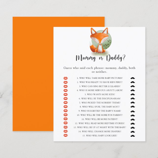 Papier Little Fox Cub - jeu de baby shower maman ou papa (Devant / Derrière)