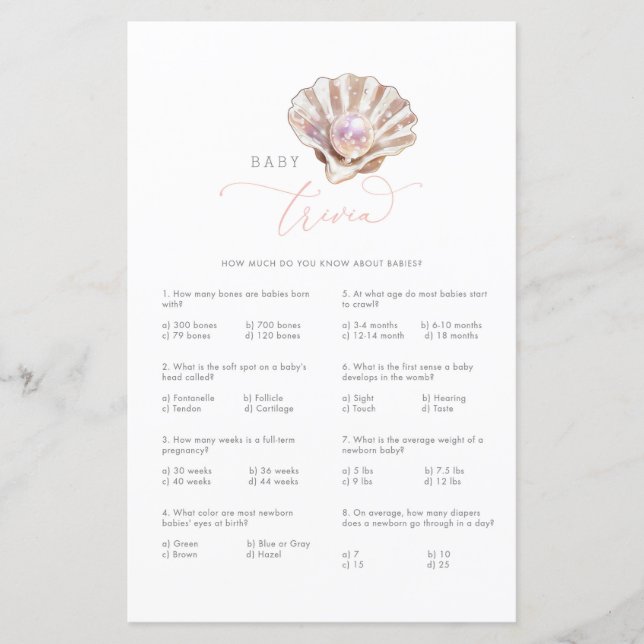 Papier Little Pearl Baby Trivia Baby shower Game Card (Devant)