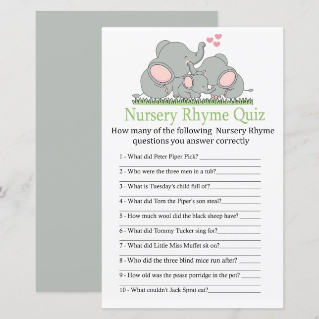 Papier Love Elephants Nursery Rhyme jeu de baby shower (Devant / Derrière)
