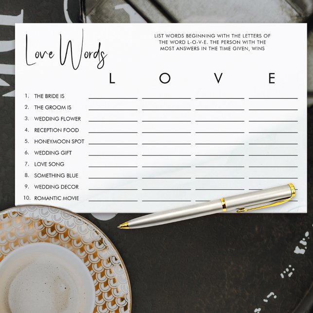 Papier Love Fête des mariées Word Jeu Soft Green Lash (Love word game for bridal shower guests to enjoy)