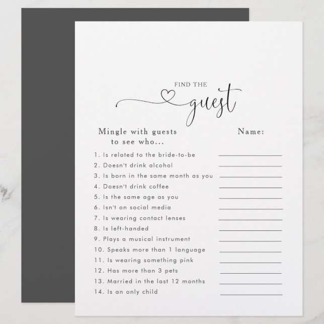 Papier Love Script Fête des mariées Trouver le jeu invité (Devant / Derrière)