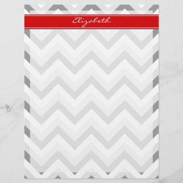 Papier Lt Grey Med Grey Blanc Chevron Rouge Nom Monogramm (Devant)