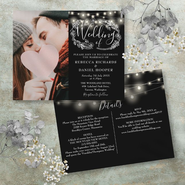 Papier Lumières de Budget de Chaîne Photo Détails de Mari (Budget String Lights Photo Wedding Details Invite)