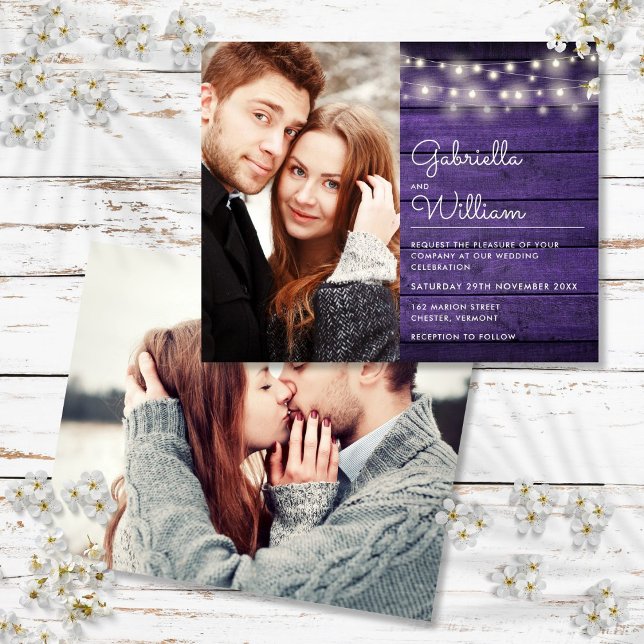 Papier Lumières de Budget en Guirlande Violette Invitatio (Budget String Lights Purple Photo Wedding Invite)