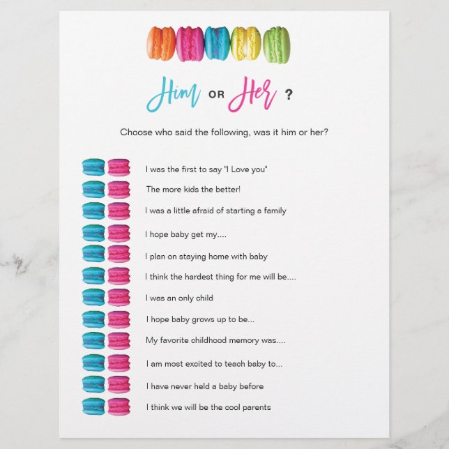 Papier Macaron Thé Lui ou son Baby shower nuptial jeu (Devant)