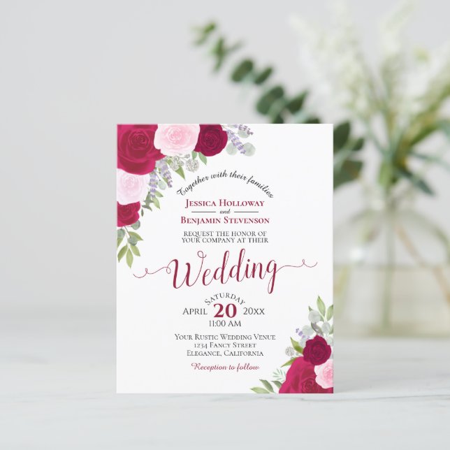 Papier Magenta & Pink Floral BUDGET Faire-part de mariage (Debout devant)