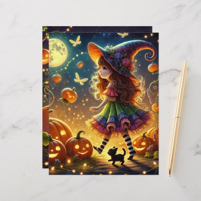 Papier Magnifique Sorcière Whimsical Halloween Citrouille (Devant/Arrière en situation)