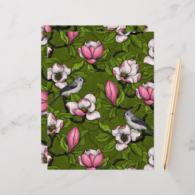 Papier Magnolia en fleurs et oiseau titmouse 2 (Devant/Arrière en situation)