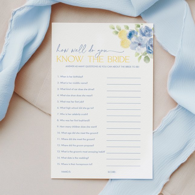 Papier Main Squeeze Bridal Shower Games Know the Bride (How well do you know the bride? Blue floral lemon Bridal Shower Game)