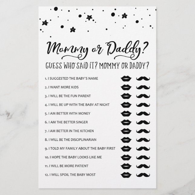 Papier Maman ou papa Jeu Baby shower partie (Devant)