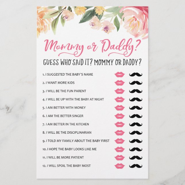 Papier Maman ou papa Jeu Baby shower partie (Devant)