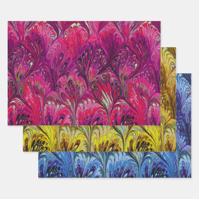 PAPIER MARBÉ, MOTIF JAUNE BLEU ROSE ABSTRAIT (Lot)