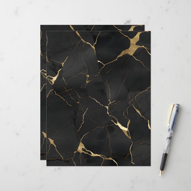 Papier Marble Black Gold Scrapbook Paper (Devant/Arrière en situation)