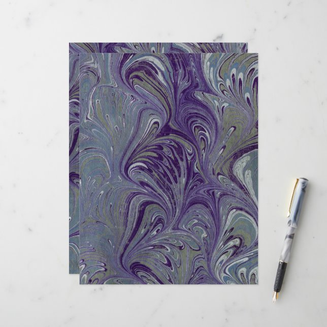 Papier marbré violet, bleu et vert (Devant/Arrière en situation)