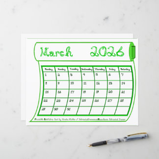 Papier March 2026 Month Green Line Art Fabric Font Paper