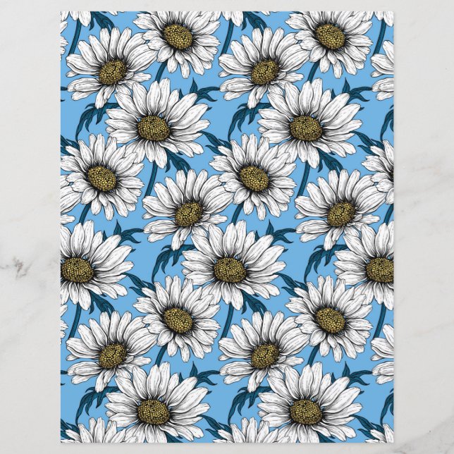 Papier Marguerites, fleurs sauvages sur fond bleu (Devant)