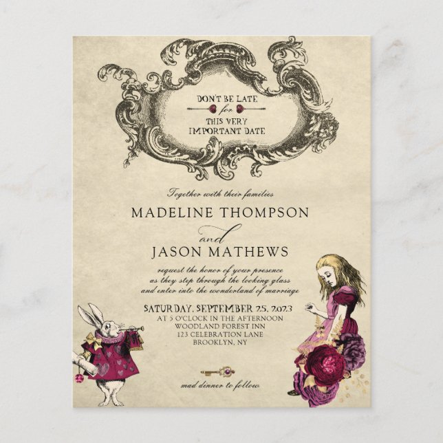 Papier MARIAGE Alice au Pays des Merveilles Bourgogne Or  (Devant)