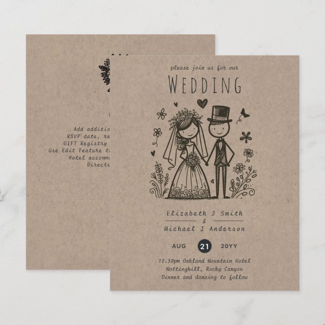 Papier Mariage amusant Cartoon mariée Groom dessiné à la  (Devant / Derrière)