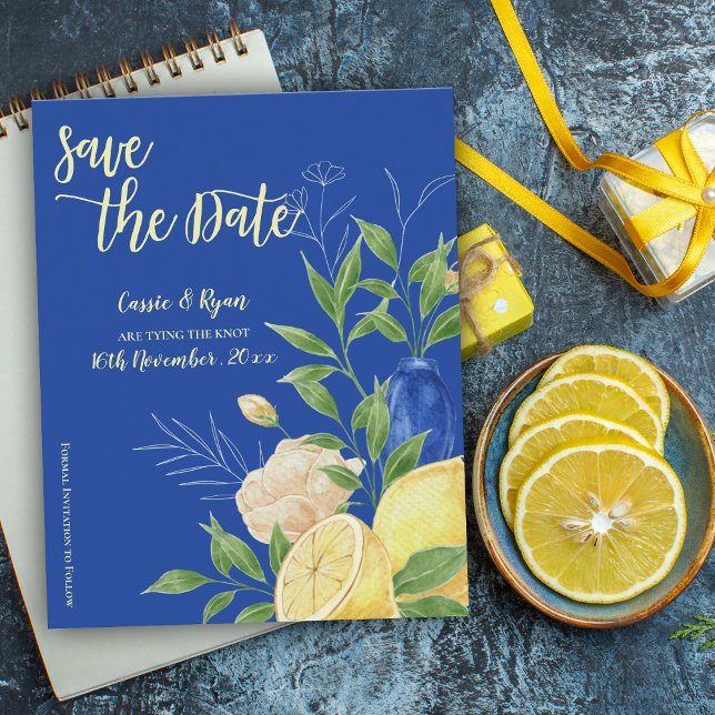 Papier Mariage au citron bleu méditerranéen Sauvez la dat (Mediterranean Blue Lemon Wedding Save the Date)