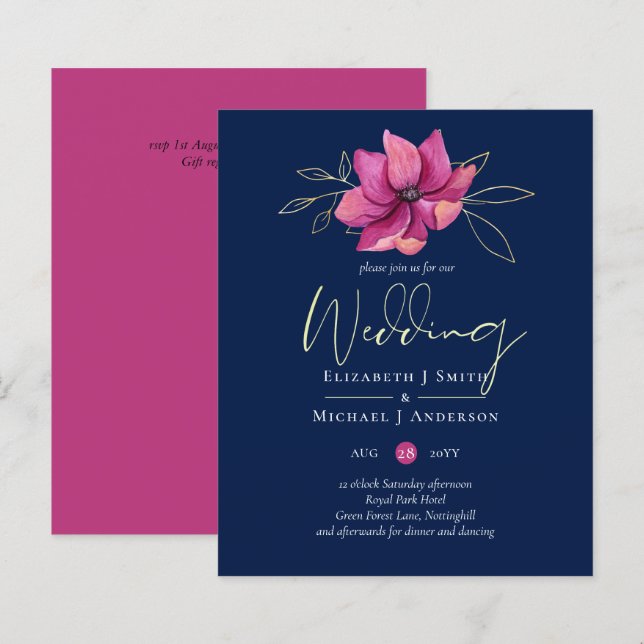 Papier Mariage bleu de la Marine rose Fuchsia Invite BUDG (Devant / Derrière)