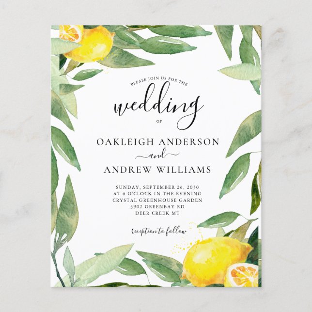 Papier Mariage botanique de citron à aquarelle budgétaire (Devant)