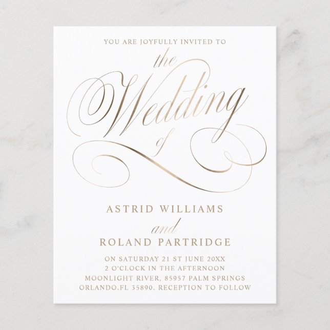 Papier Mariage Budget Classique Script Blanc & Or  (Devant)