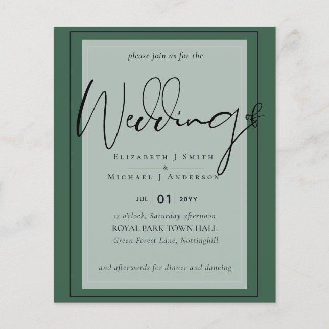 Papier MARIAGE BUDGET Couleurs Vert Sage Olive Invitation (Devant)