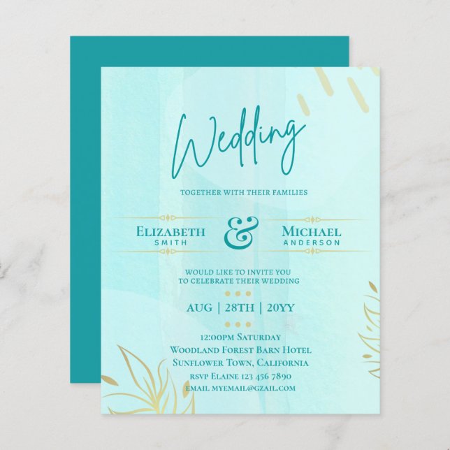 Papier Mariage BUDGET Inviter Gold Turquoise Abstrait (Devant / Derrière)