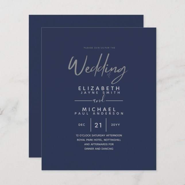 Papier Mariage budget moderne bleu argent invite (Devant / Derrière)