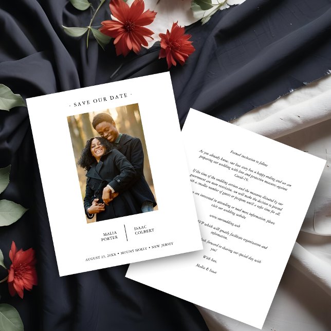 Papier Mariage Budget Moderne Fancy Minimaliste Photo (Inexpensive Modern Fancy Minimalist Photo Couple Wedding Save the Date with Envelope.)