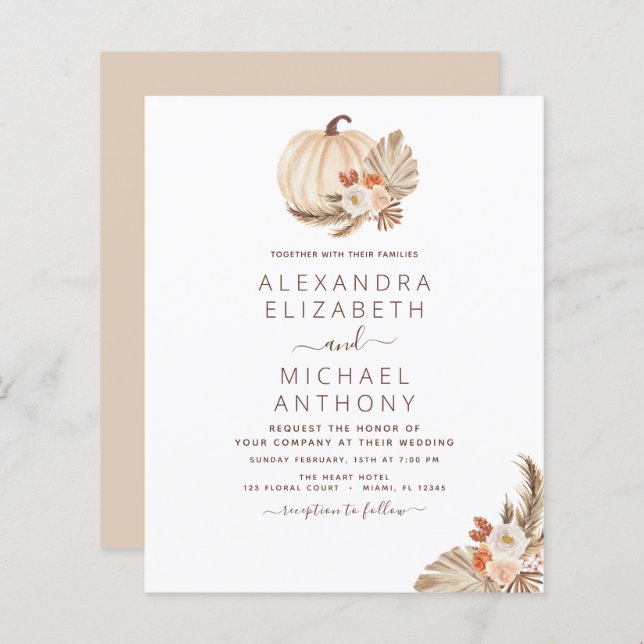 Papier Mariage Budget Pampas Citrouille blanc Grass  (Devant / Derrière)