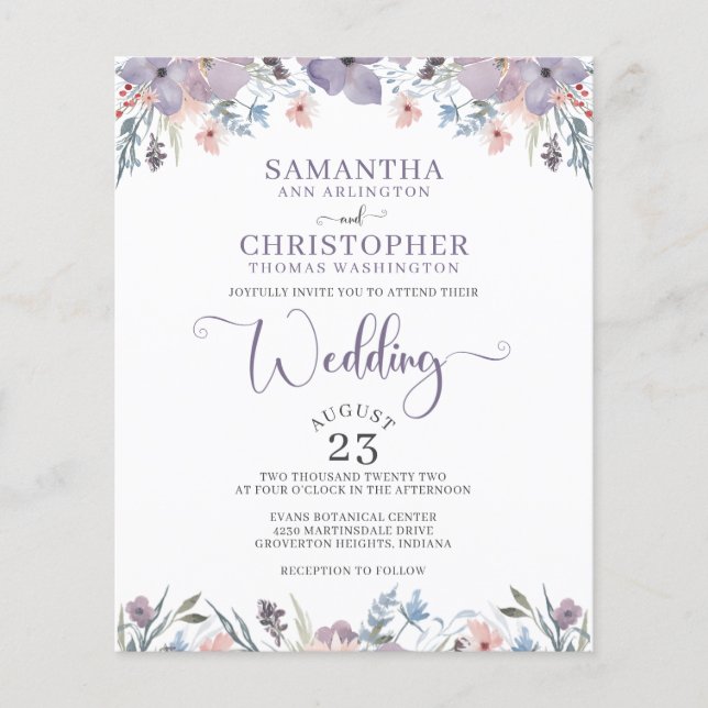 Papier Mariage Budget Purple Aquarelle Florale Invitation (Devant)