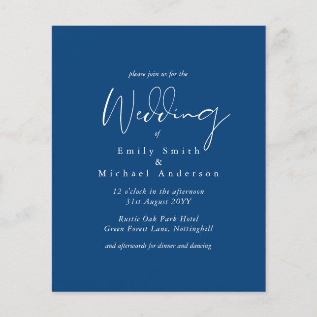 Papier Mariage Budget Royal Blue White Script (Devant)