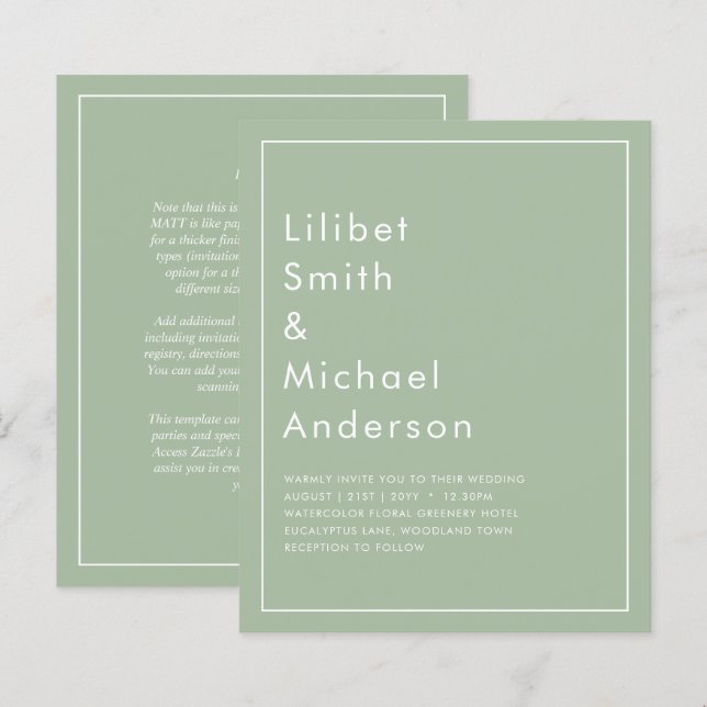 Papier MARIAGE BUDGET Sage Apple Green Monochrome Texte (Devant / Derrière)