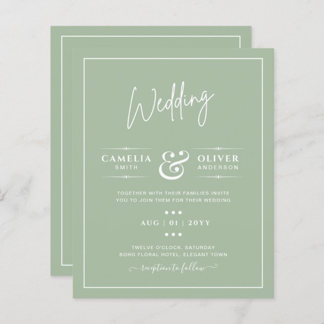 Papier MARIAGE BUDGET Sage Apple Green Monochrome Texte (Devant / Derrière)