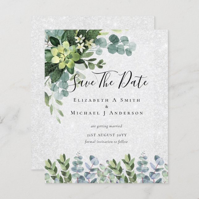 Papier MARIAGE BUDGET SAVE DATES - Eucalyptus VERT (Devant / Derrière)
