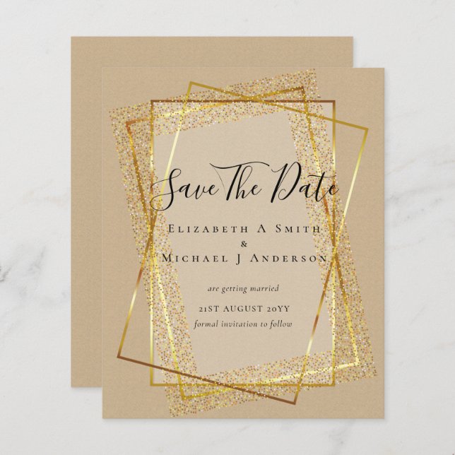 Papier MARIAGE BUDGET SAVE DATES Gold Parties scintillant (Devant / Derrière)