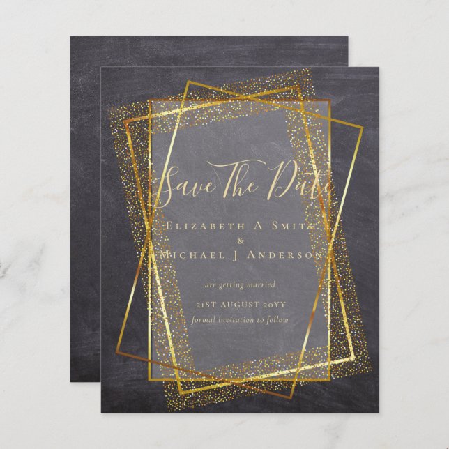 Papier MARIAGE BUDGET SAVE DATES Gold Parties scintillant (Devant / Derrière)
