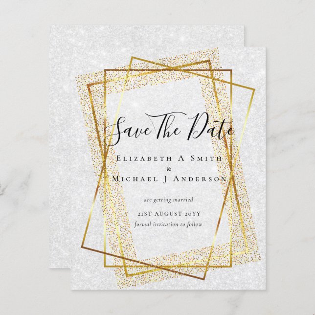 Papier MARIAGE BUDGET SAVE DATES Gold Parties scintillant (Devant / Derrière)