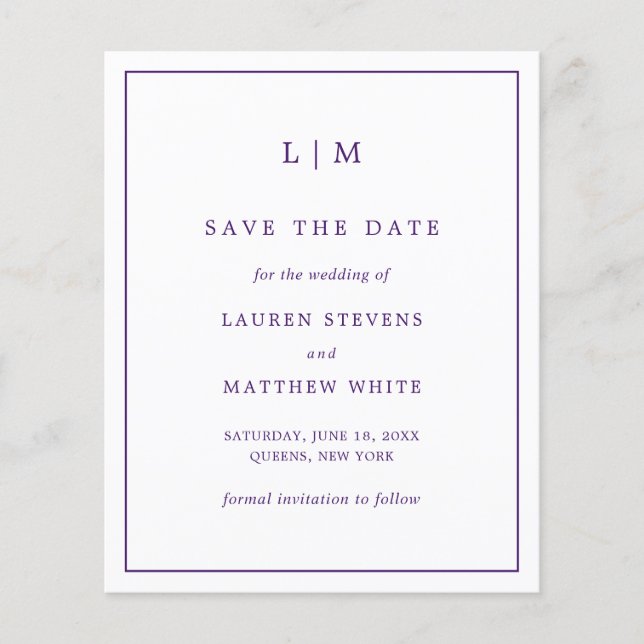 Papier Mariage budget simple violet Enregistrer la date (Devant)