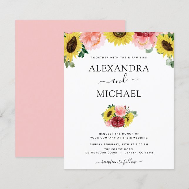 Papier Mariage campagnard Budget Sunflower Eucalyptus (Devant / Derrière)