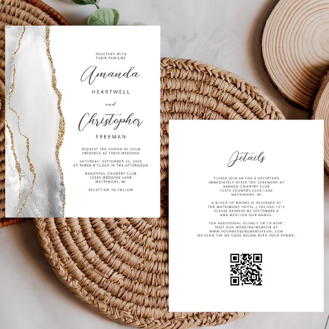 Papier Mariage Code QR Agate Or Blanc Gris Budget (Créateur téléchargé)