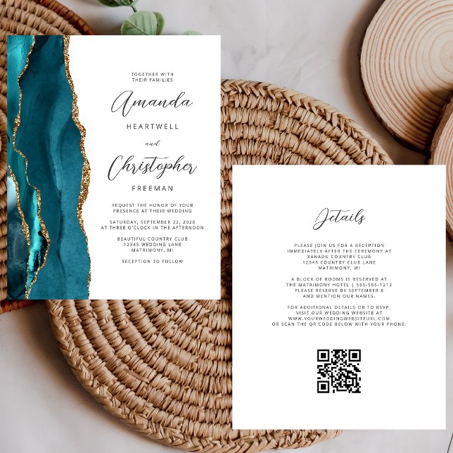 Papier Mariage Code QR Agate Or Bleu Sarcelle Budget (Créateur téléchargé)