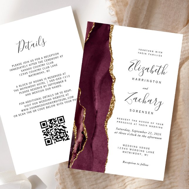 Papier Mariage Code QR Blanc Agate Bourgogne Pas Cher (Créateur téléchargé)
