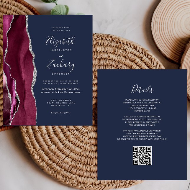 Papier Mariage Code QR Bourgogne Argent Agate Navy Budget (Créateur téléchargé)