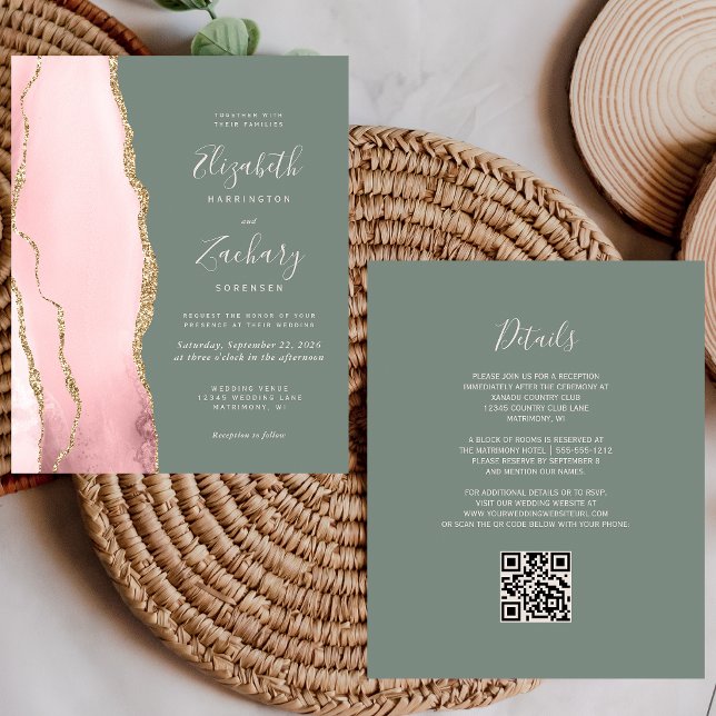 Papier Mariage Code QR Budget Blush Agate Vert Sauge (Créateur téléchargé)